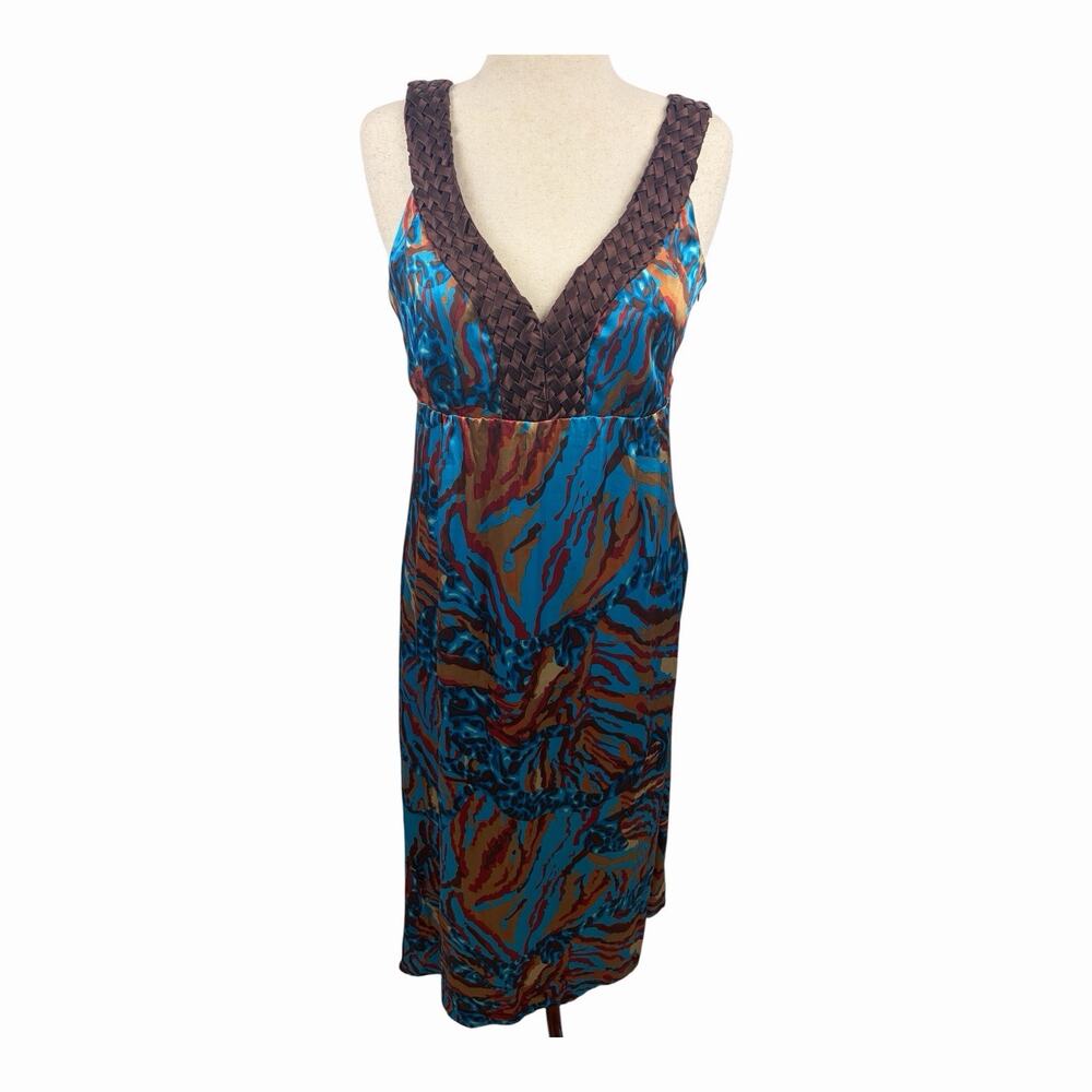 Robbie Bee Womens 12 Maxi Dress NWT Turquoise Brown Abstract Woven V Neck